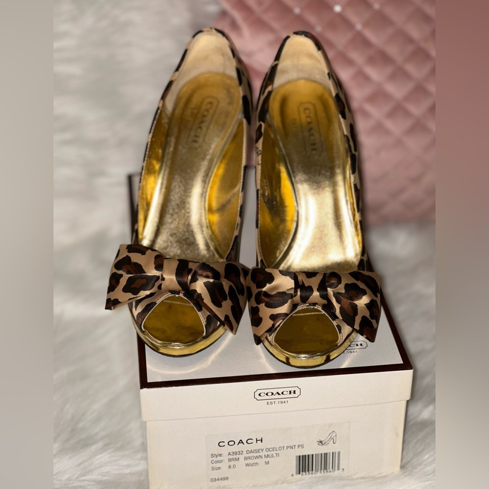WOMEN’S COACH DAISY OCELOT PRINT PUMPS HEELS SIZE 8 M GOLD MIRROR HEEL